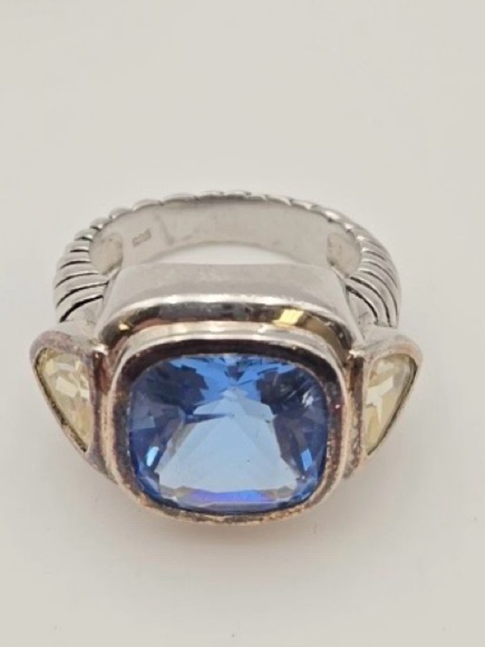 Sterling Silver 925 Cushion Blue & Yellow Topaz Cable Style Ring -Size 7 EUC